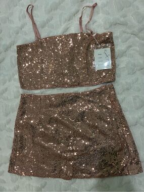 Sequin Bandeau Crop Top & Mini Skirt Set - Rose Gold Glam